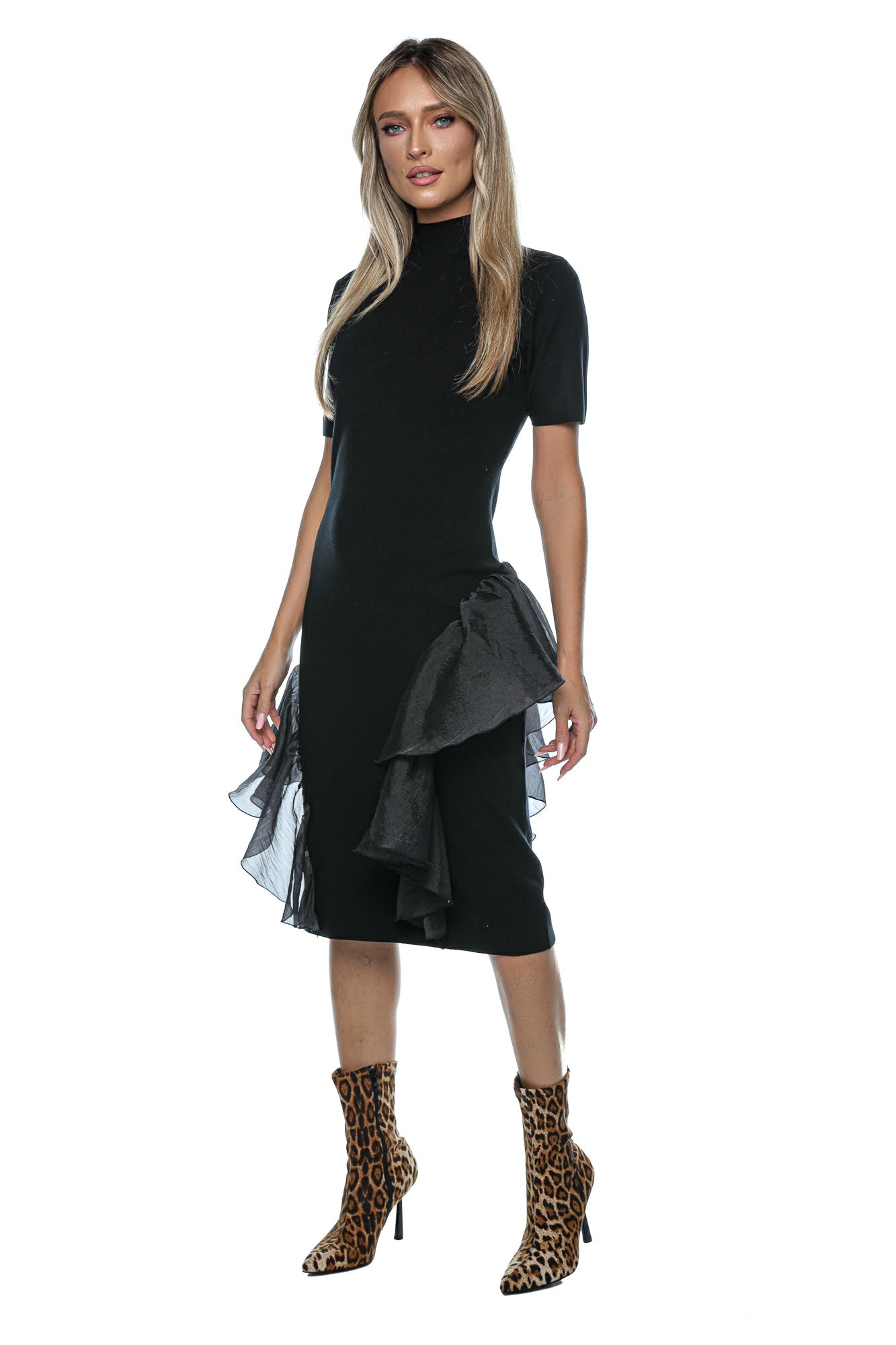 Rochie midi cu volane asimetrice organza
