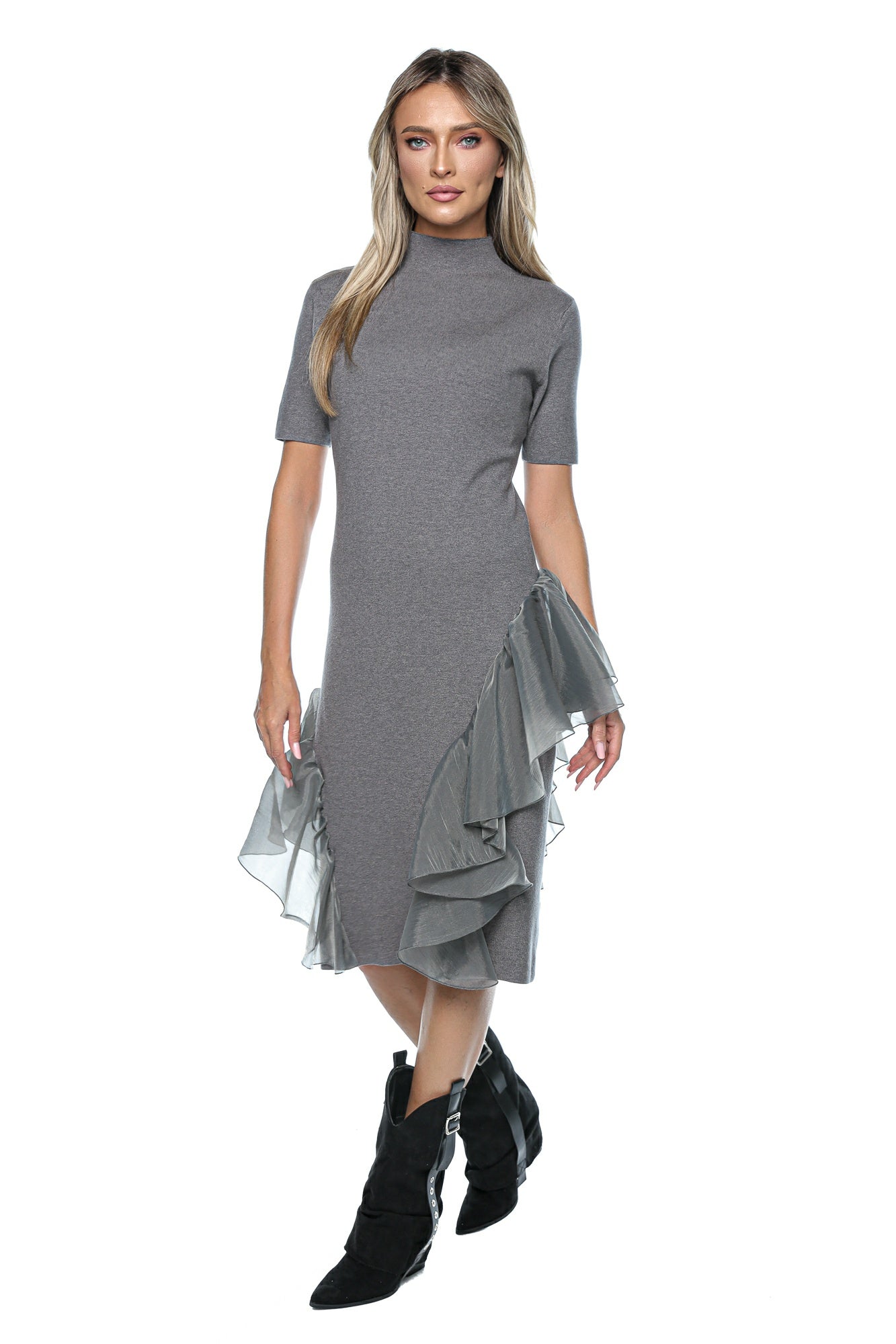 Rochie midi cu volane asimetrice organza