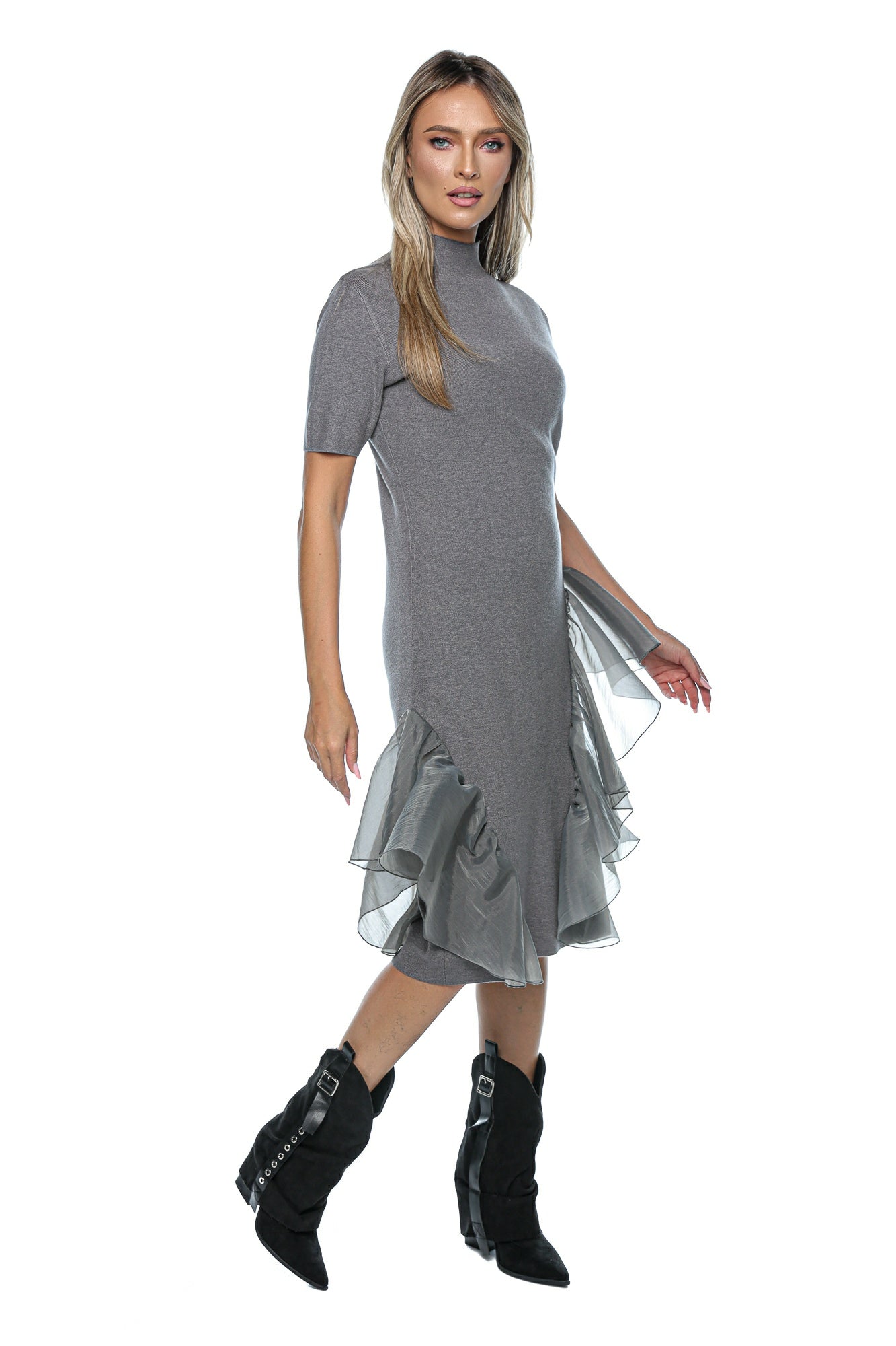 Rochie midi cu volane asimetrice organza