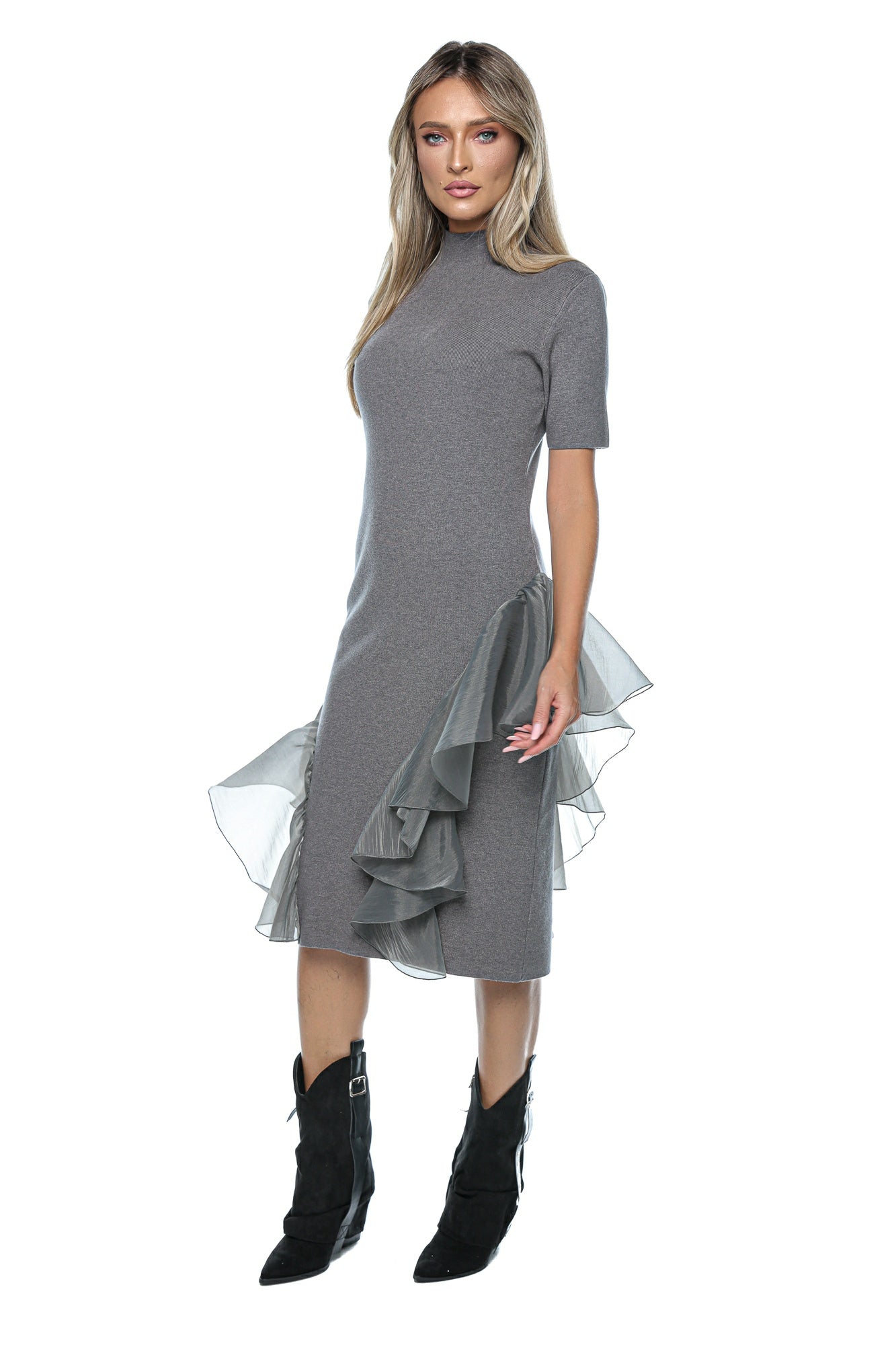 Rochie midi cu volane asimetrice organza