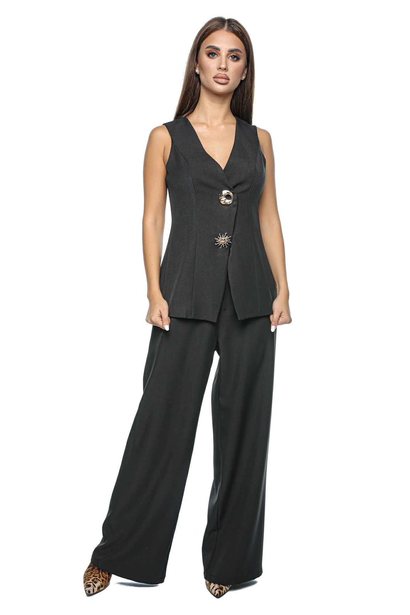 Compleu elegant cu vesta si pantaloni largi