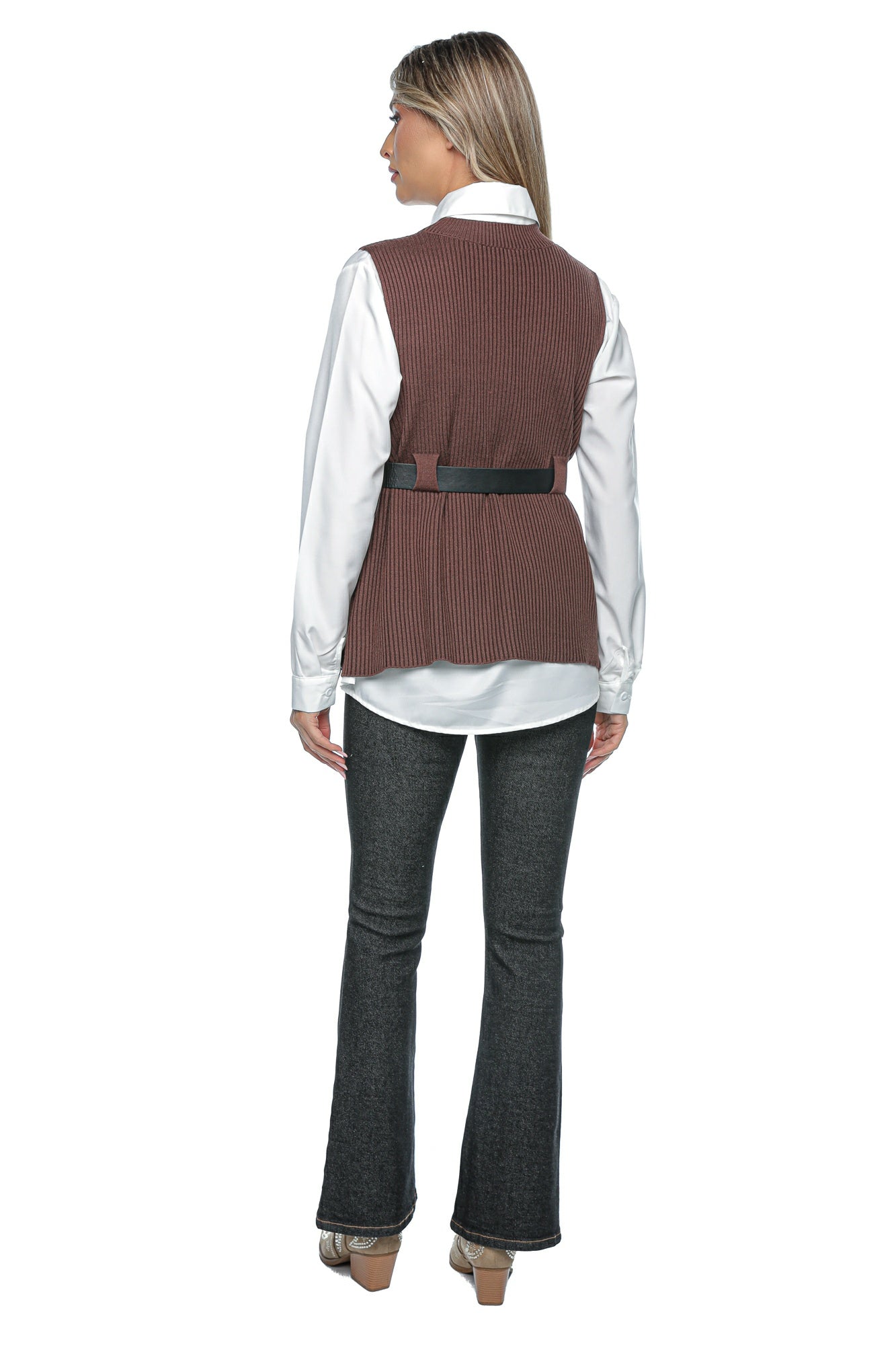 Set camasa eleganta cu vesta tricotata si curea