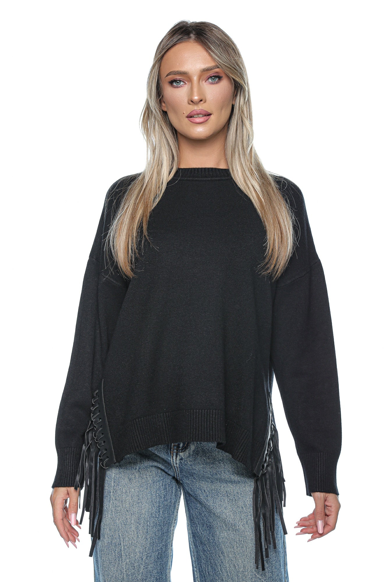 Pulover damă casual cu franjuri din piele eco