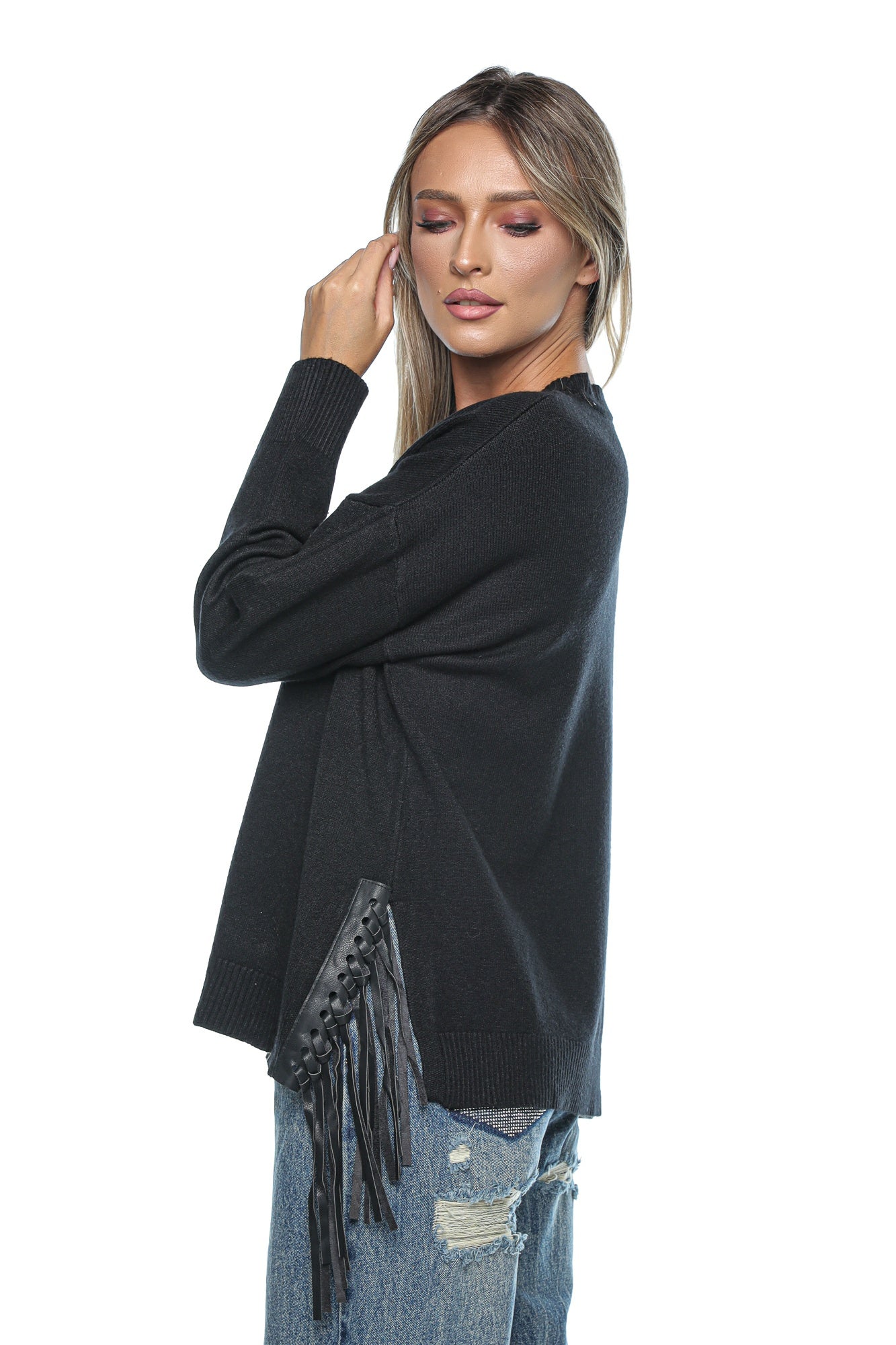 Pulover damă casual cu franjuri din piele eco