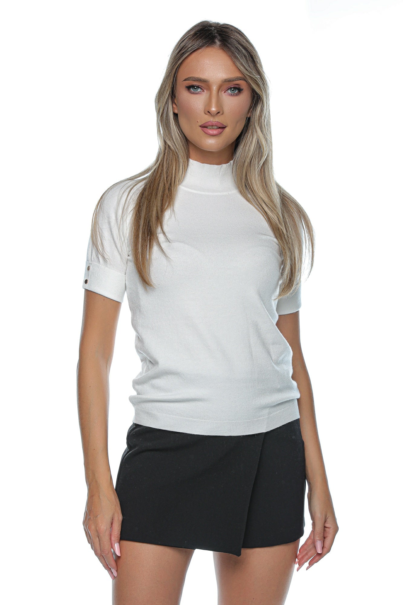 Pulover dama guler inalt maneca scurta capse