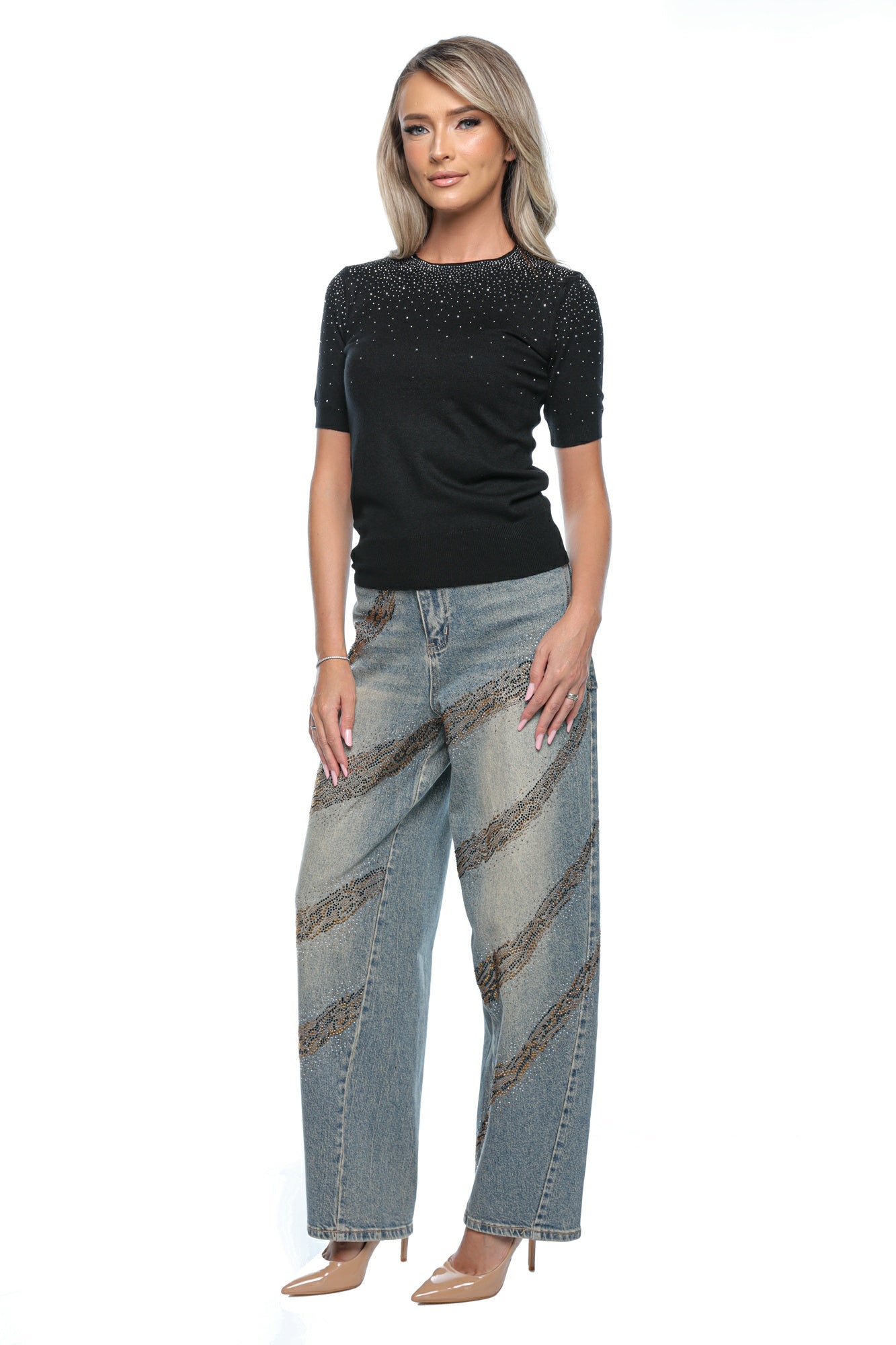 Blugi damă wide leg cu detalii strass și design în dungi diagonale