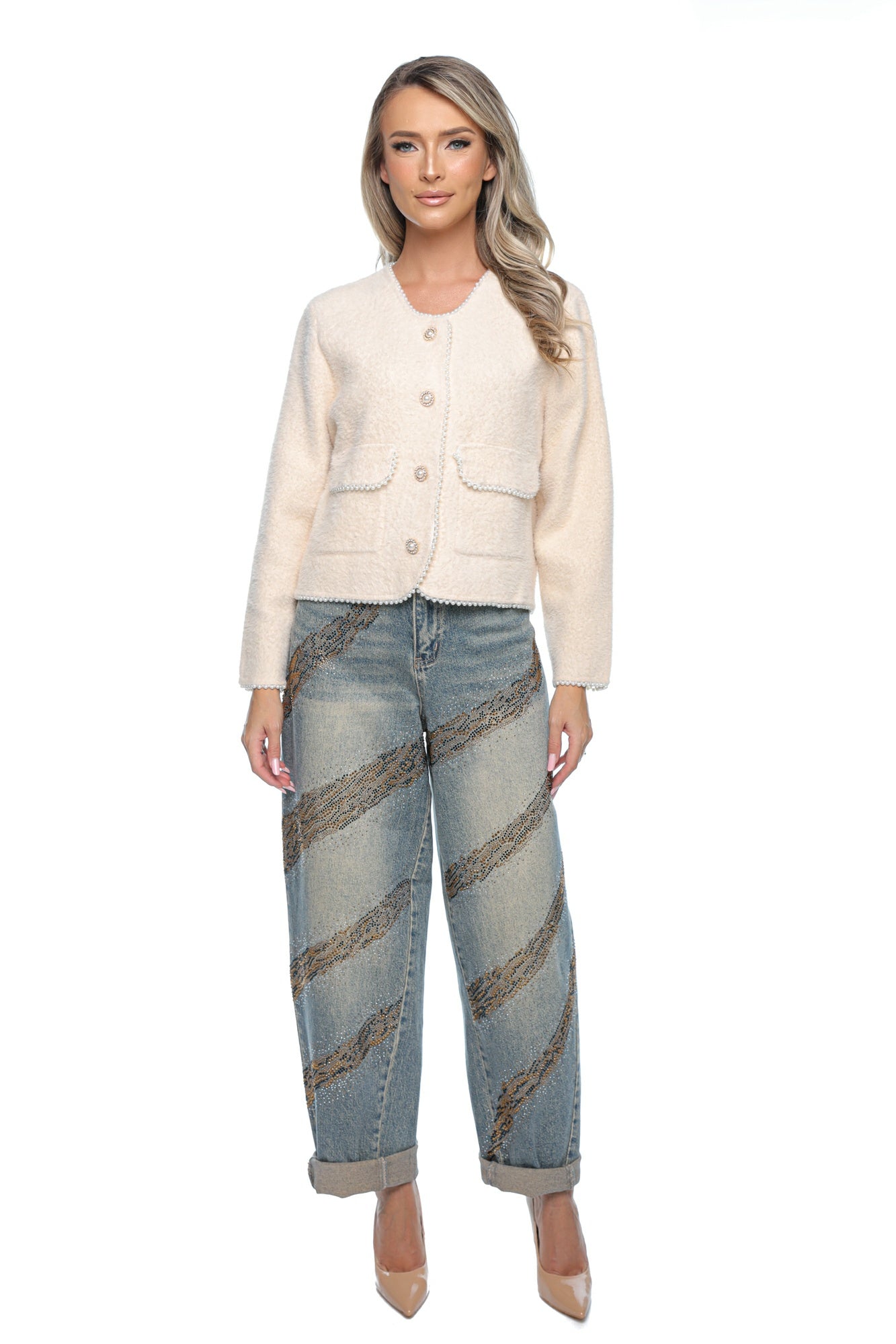 Blugi damă wide leg cu detalii strass și design în dungi diagonale