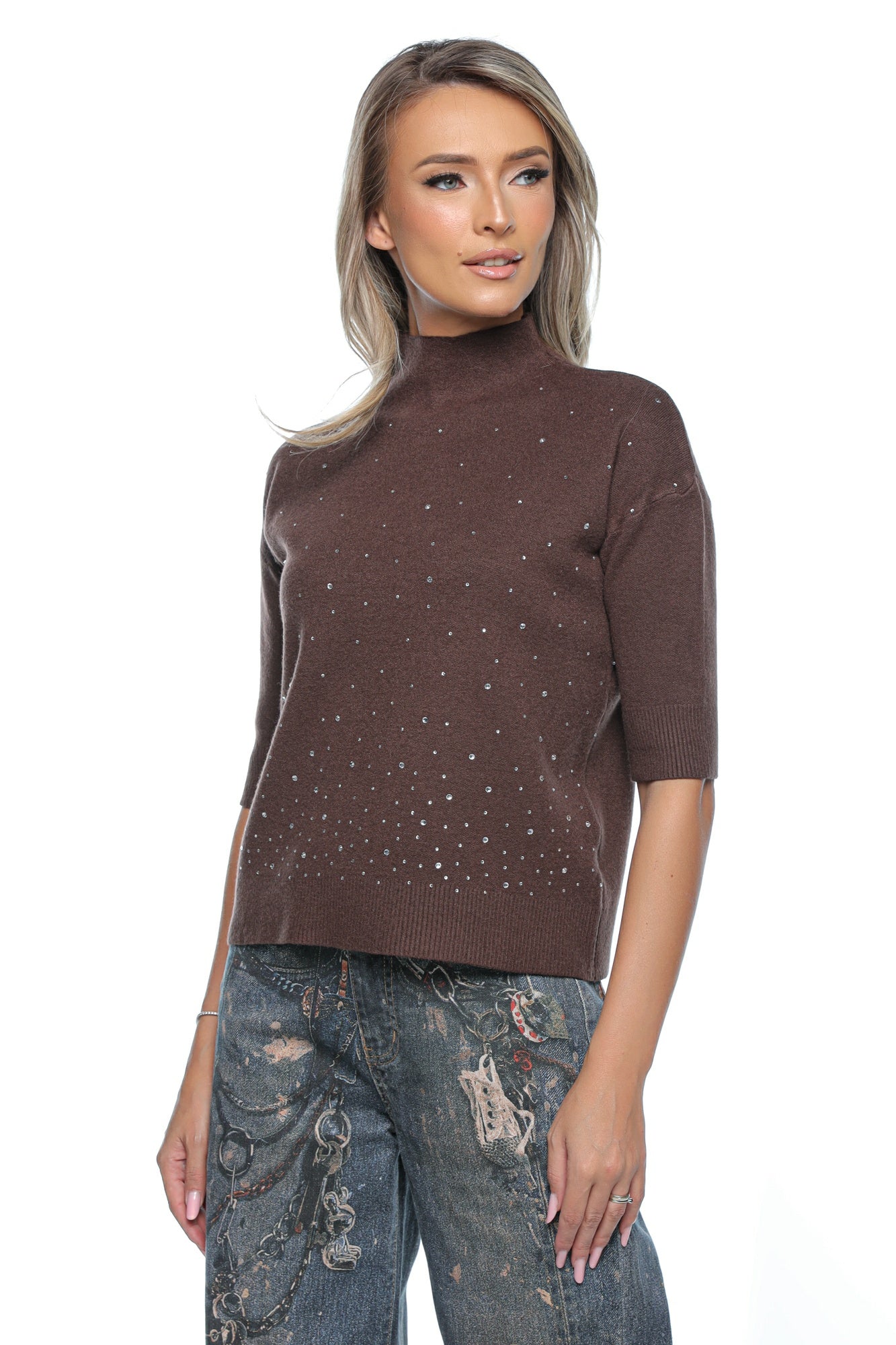 Pulover damă cu mânecă scurtă și aplicații strass