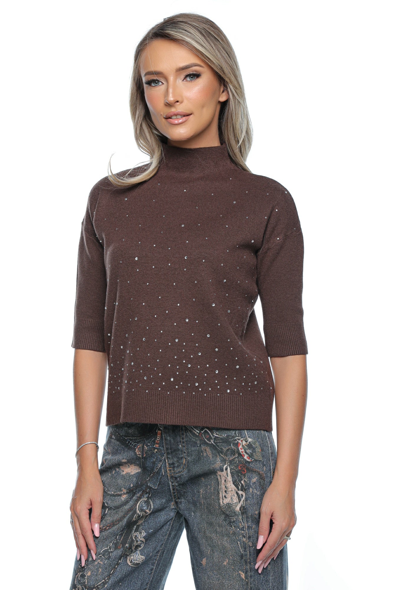 Pulover damă cu mânecă scurtă și aplicații strass