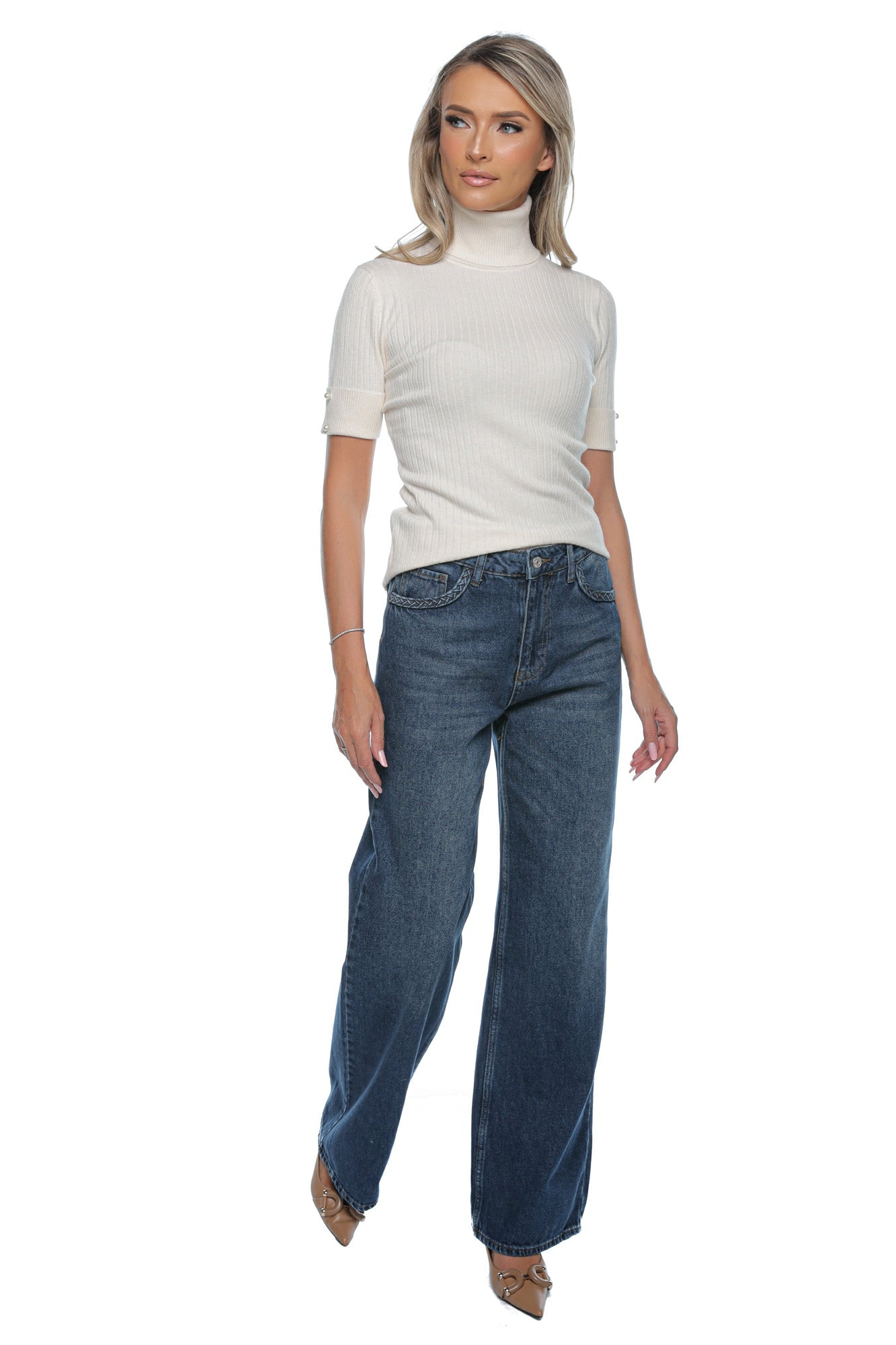 Blugi wide leg garnitura impletita buzunar