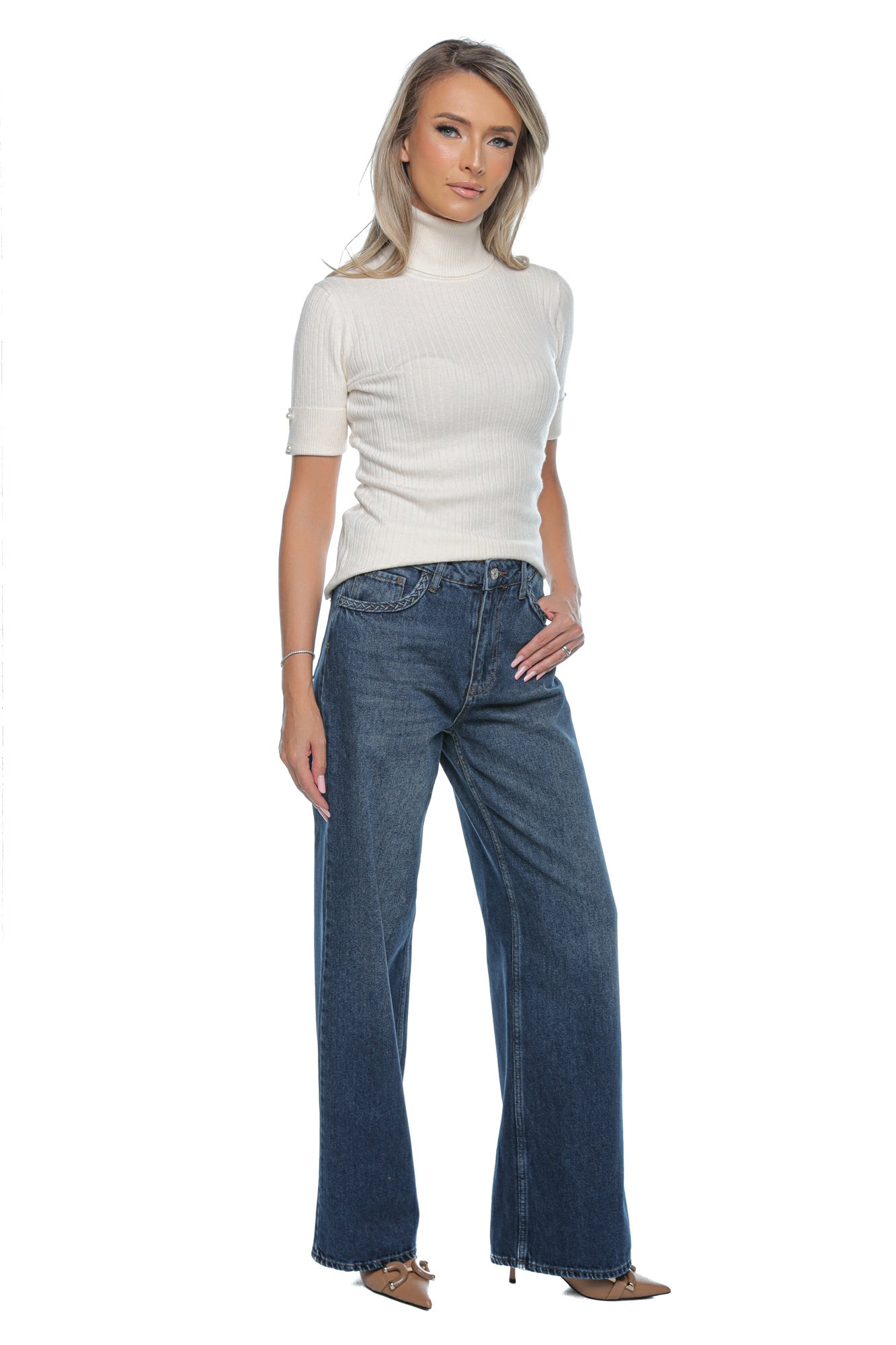 Blugi wide leg garnitura impletita buzunar