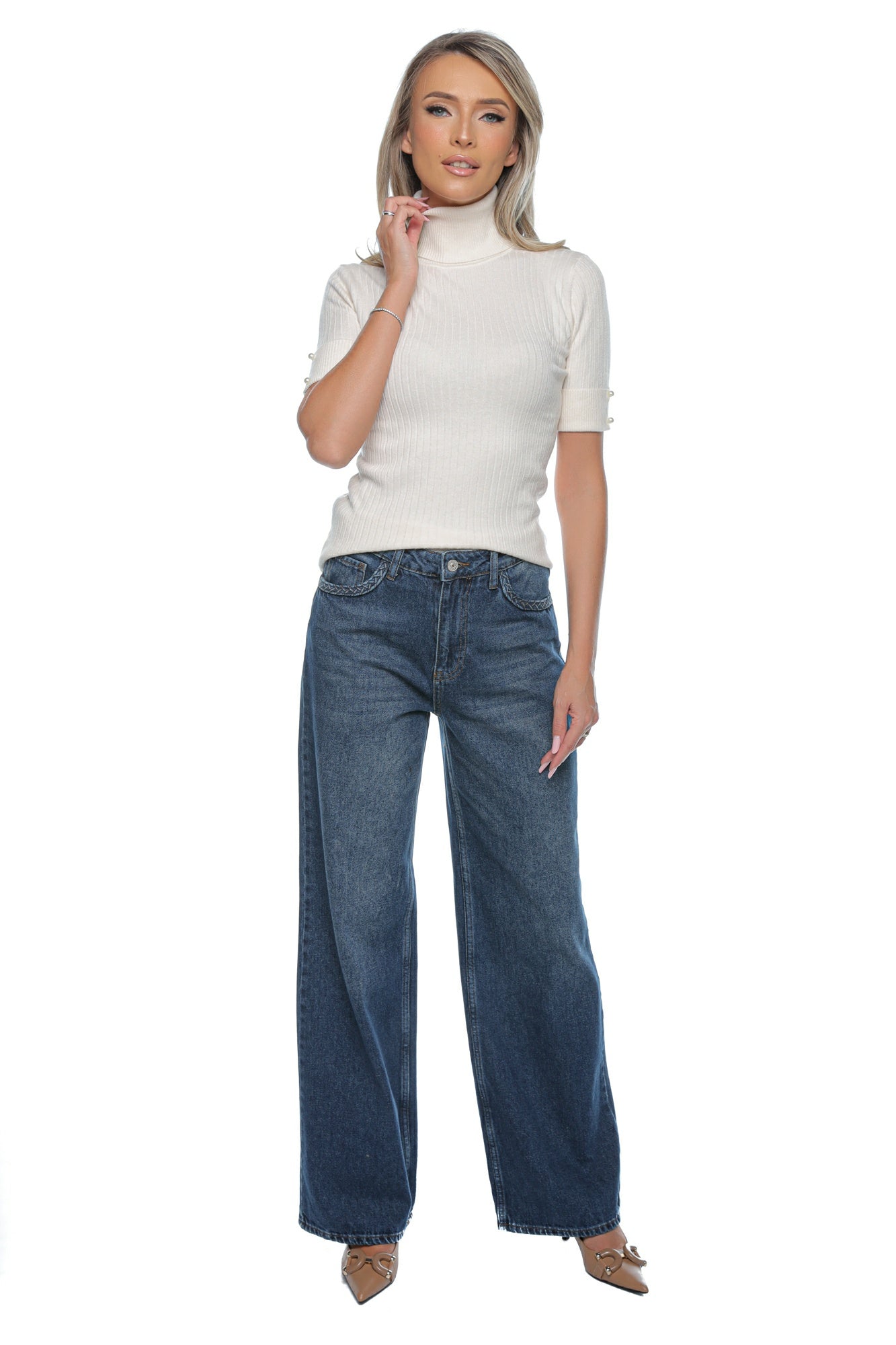 Blugi wide leg garnitura impletita buzunar