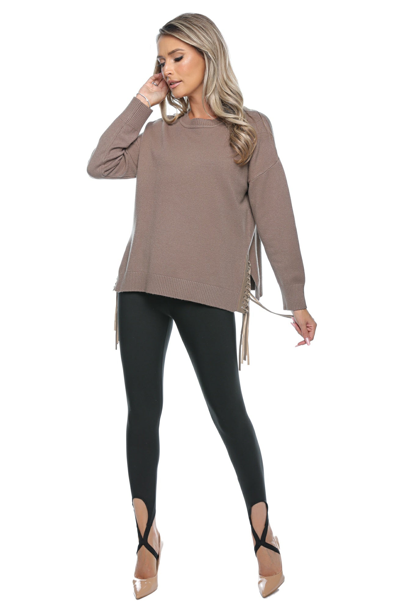Pulover damă casual cu franjuri din piele eco