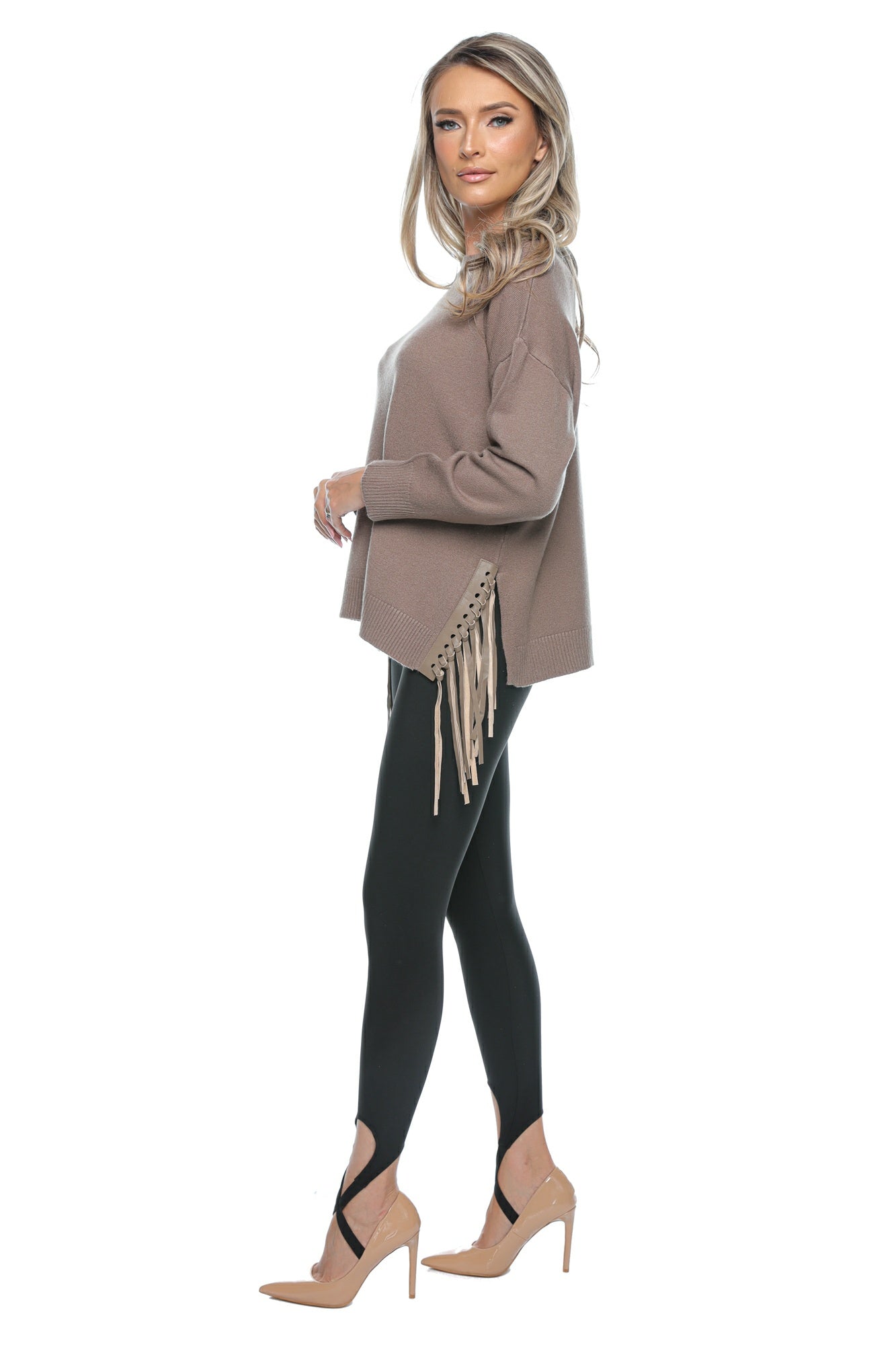 Pulover damă casual cu franjuri din piele eco