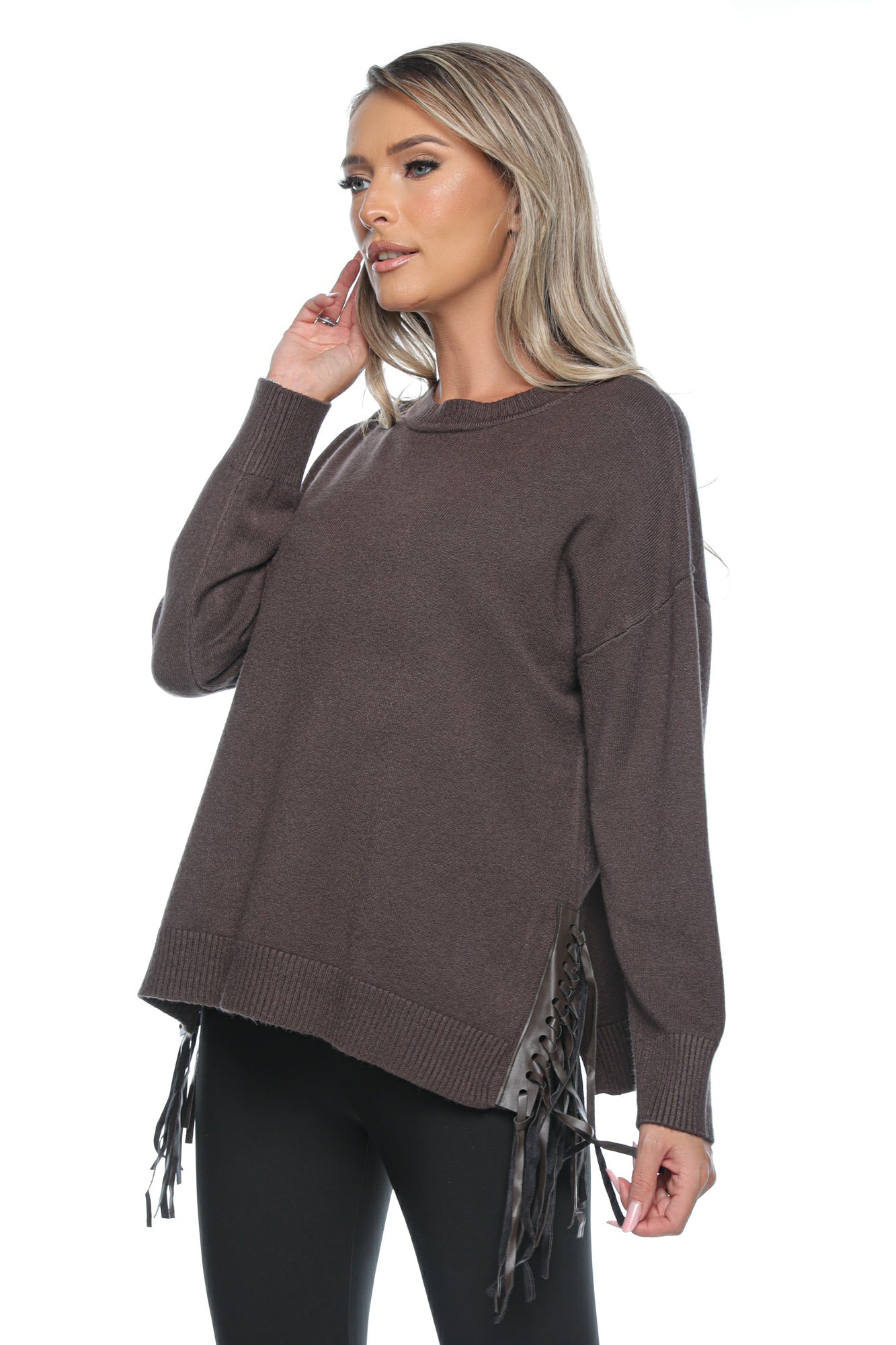 Pulover damă casual cu franjuri din piele eco