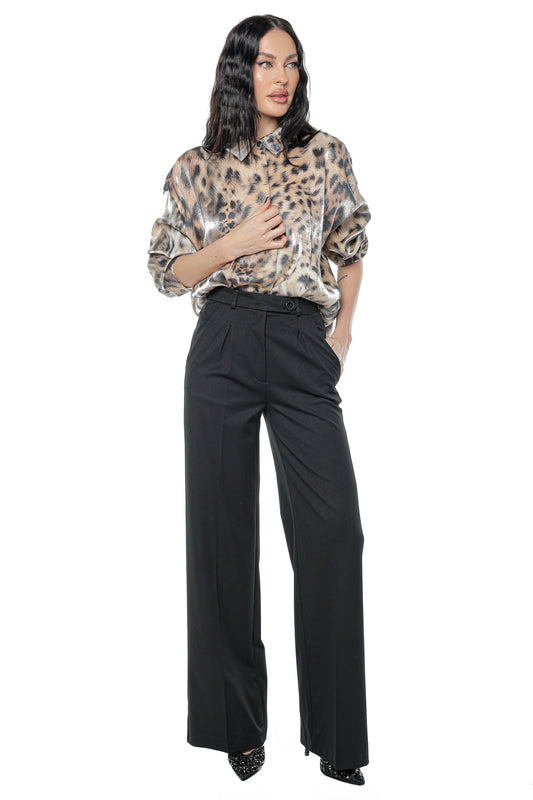 Pantaloni eleganti wide leg talie inalta