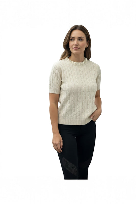 Pulover dama maneca scurta torsade perle gat