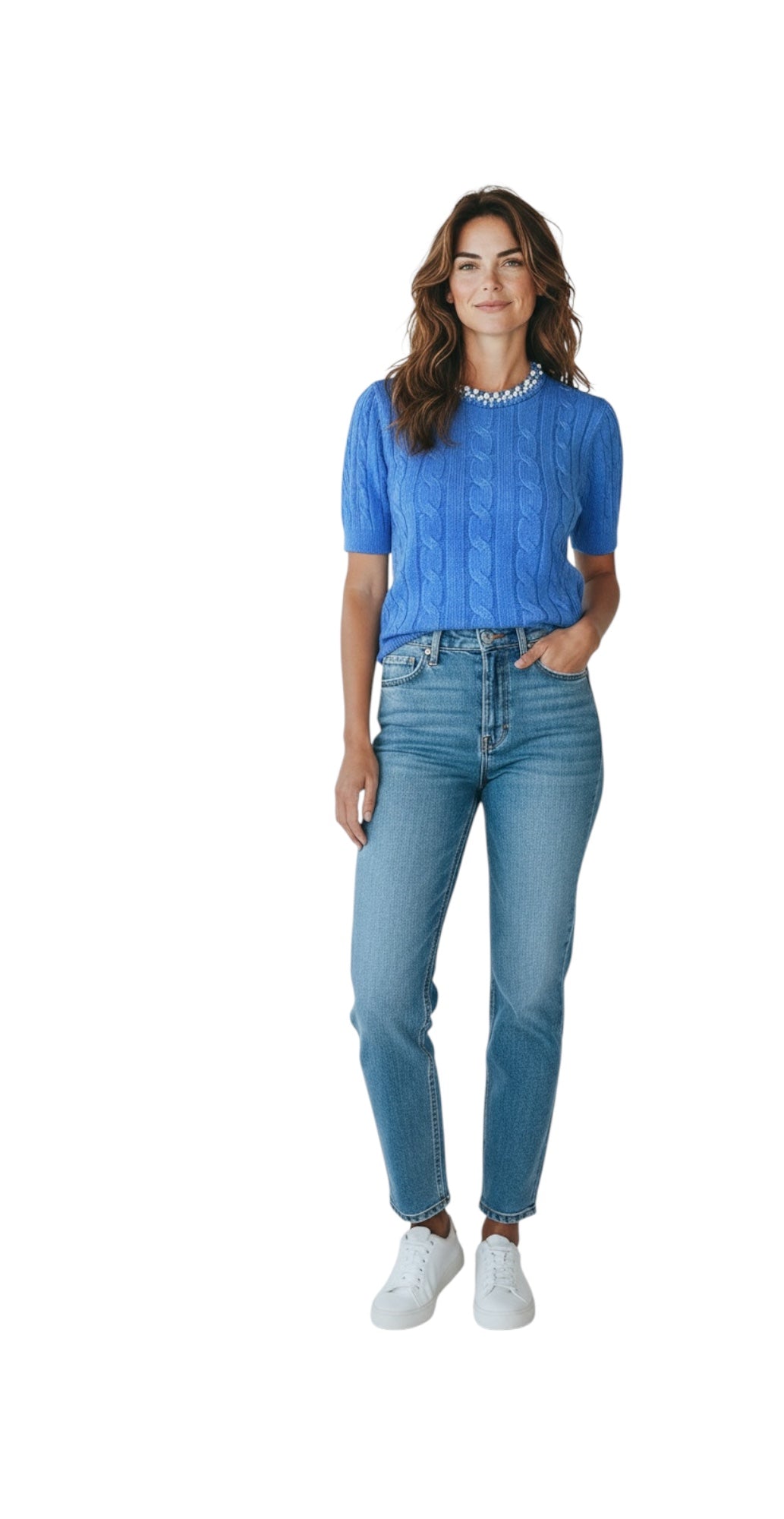 Pulover dama maneca scurta torsade perle gat