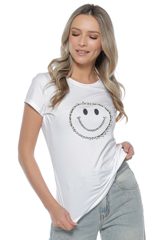 Tricou dama smile face perle stras