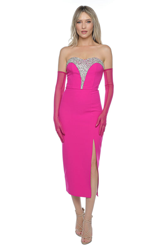 Rochie Eleganta Fucsia Strasuri si Manusi