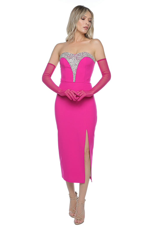 Rochie Eleganta Fucsia Strasuri si Manusi