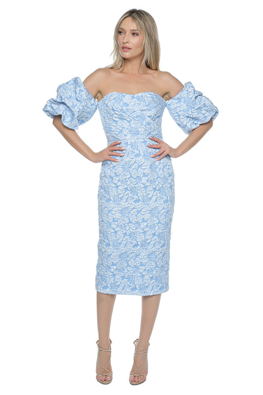 Rochie midi eleganta tafta texturata maneca bufanta