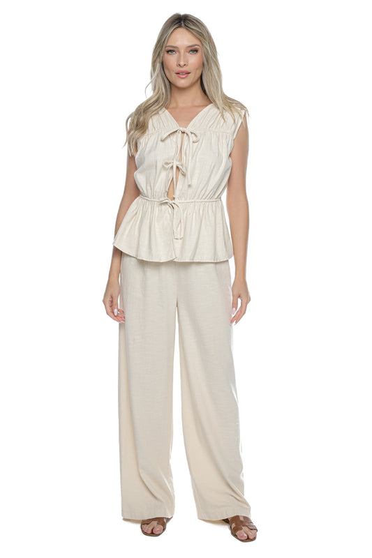 Pantaloni crem pal largi talie elastică cu dantela