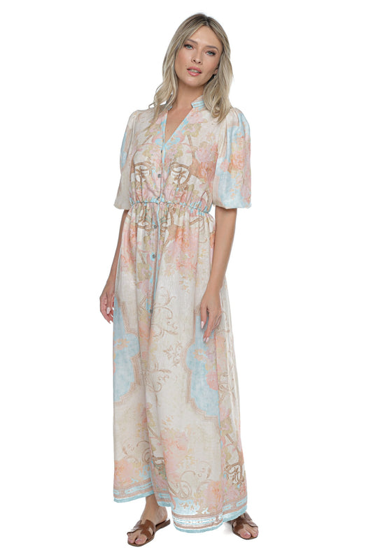 Rochie lunga eleganta in nasturi  imprimeu pastel