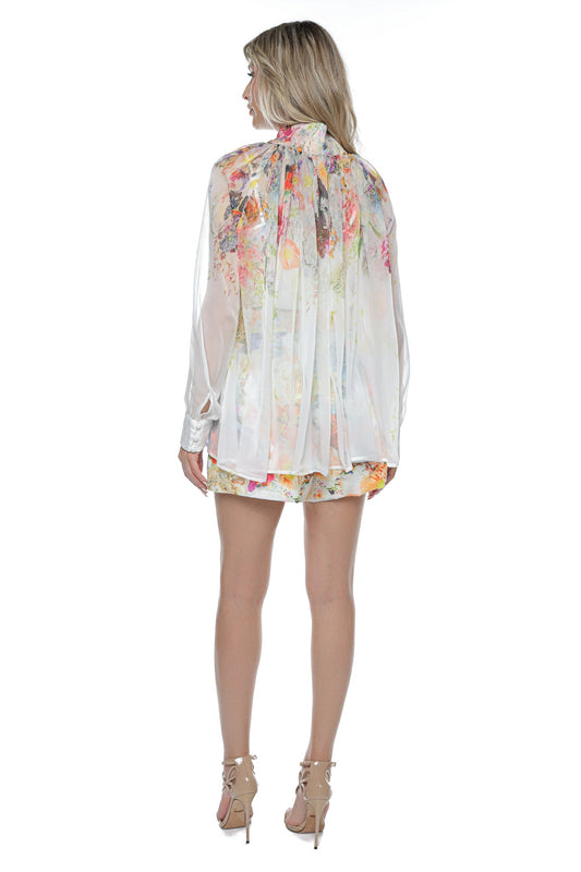Bluza eleganta voal larga cu banta gat imprimeu floral