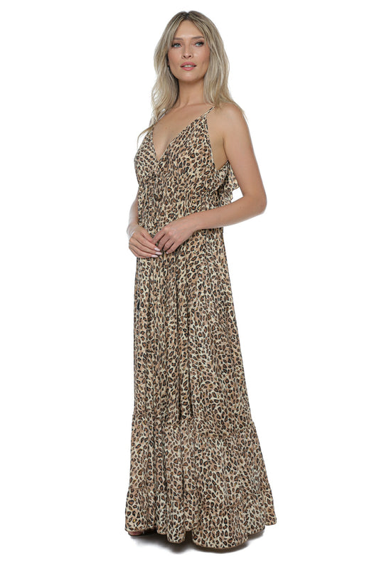 Rochie Maxi Matase Bretele Imprimeu Animal Print