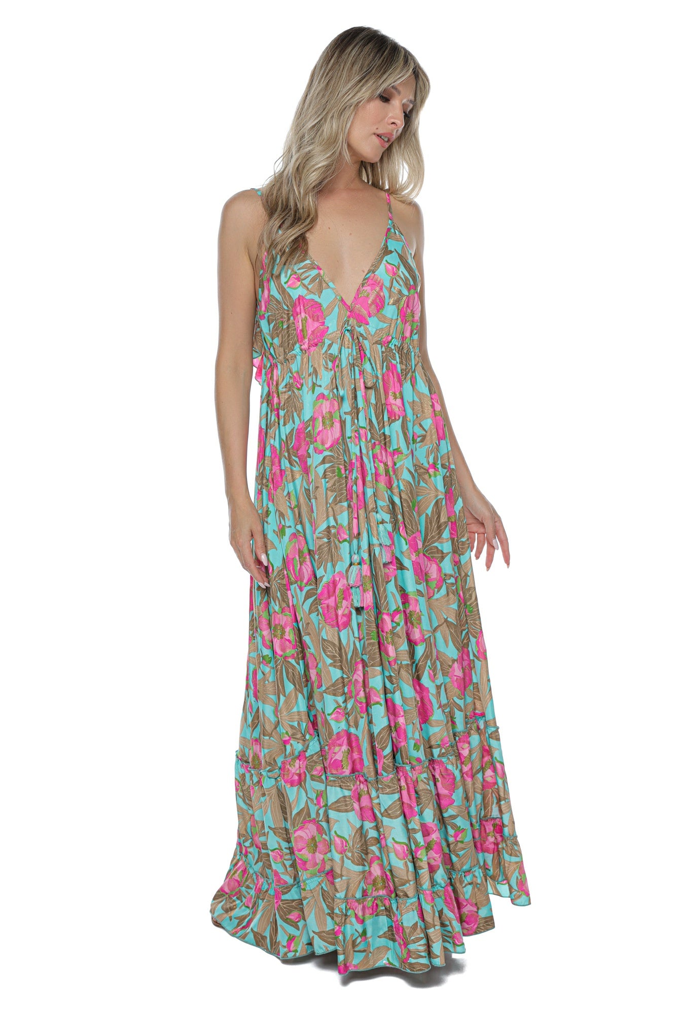Rochie Maxi fluida Decolteu volane Imprimeu Tropical