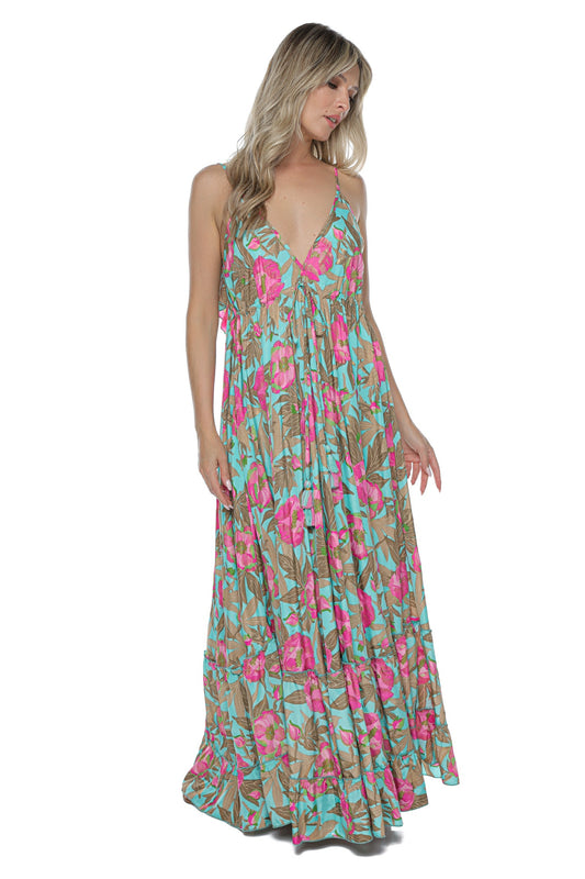 Rochie Maxi fluida Decolteu volane Imprimeu Tropical