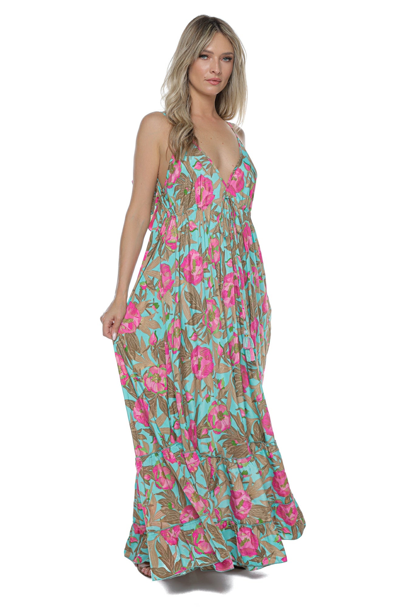 Rochie Maxi fluida Decolteu volane Imprimeu Tropical