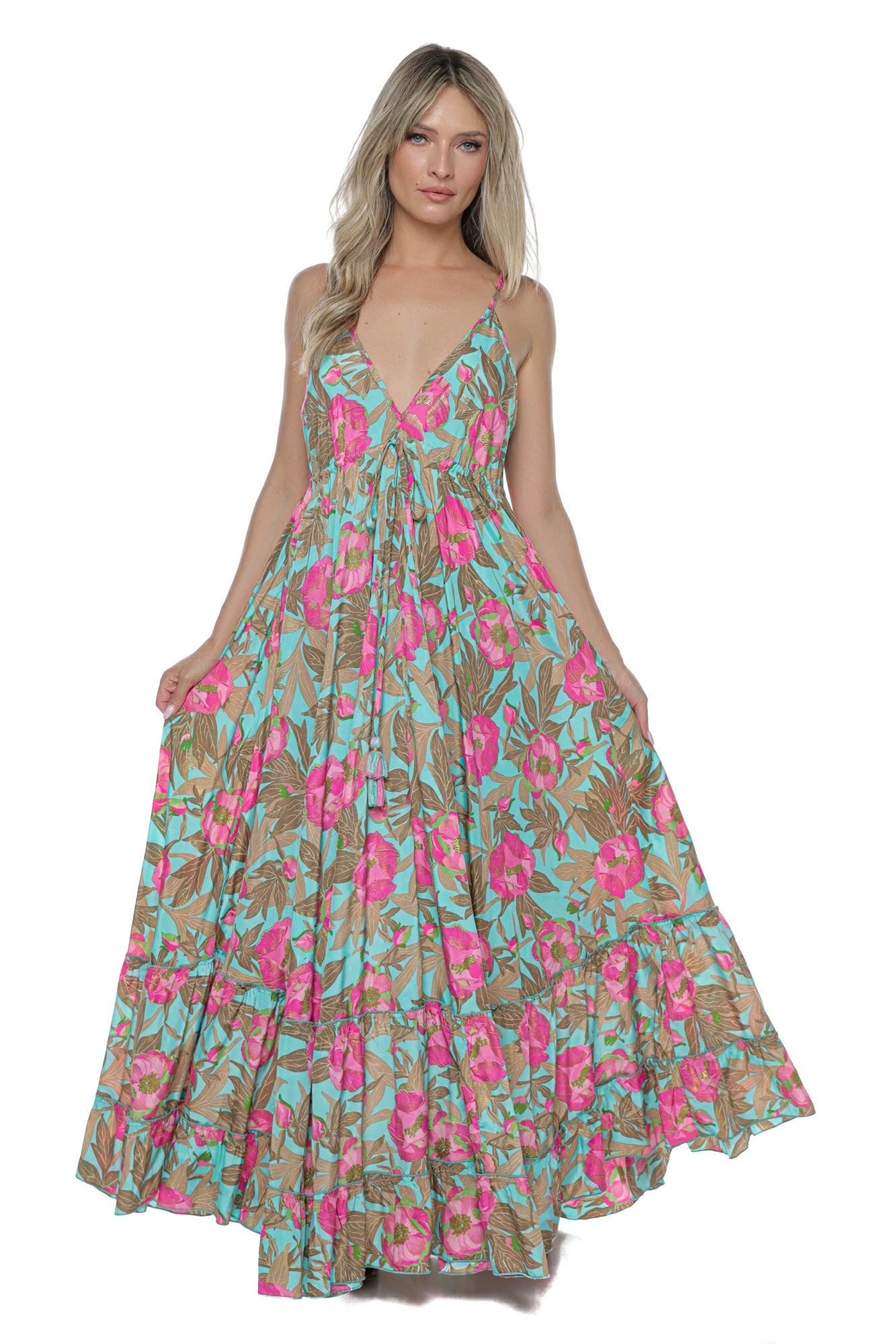 Rochie Maxi fluida Decolteu volane Imprimeu Tropical