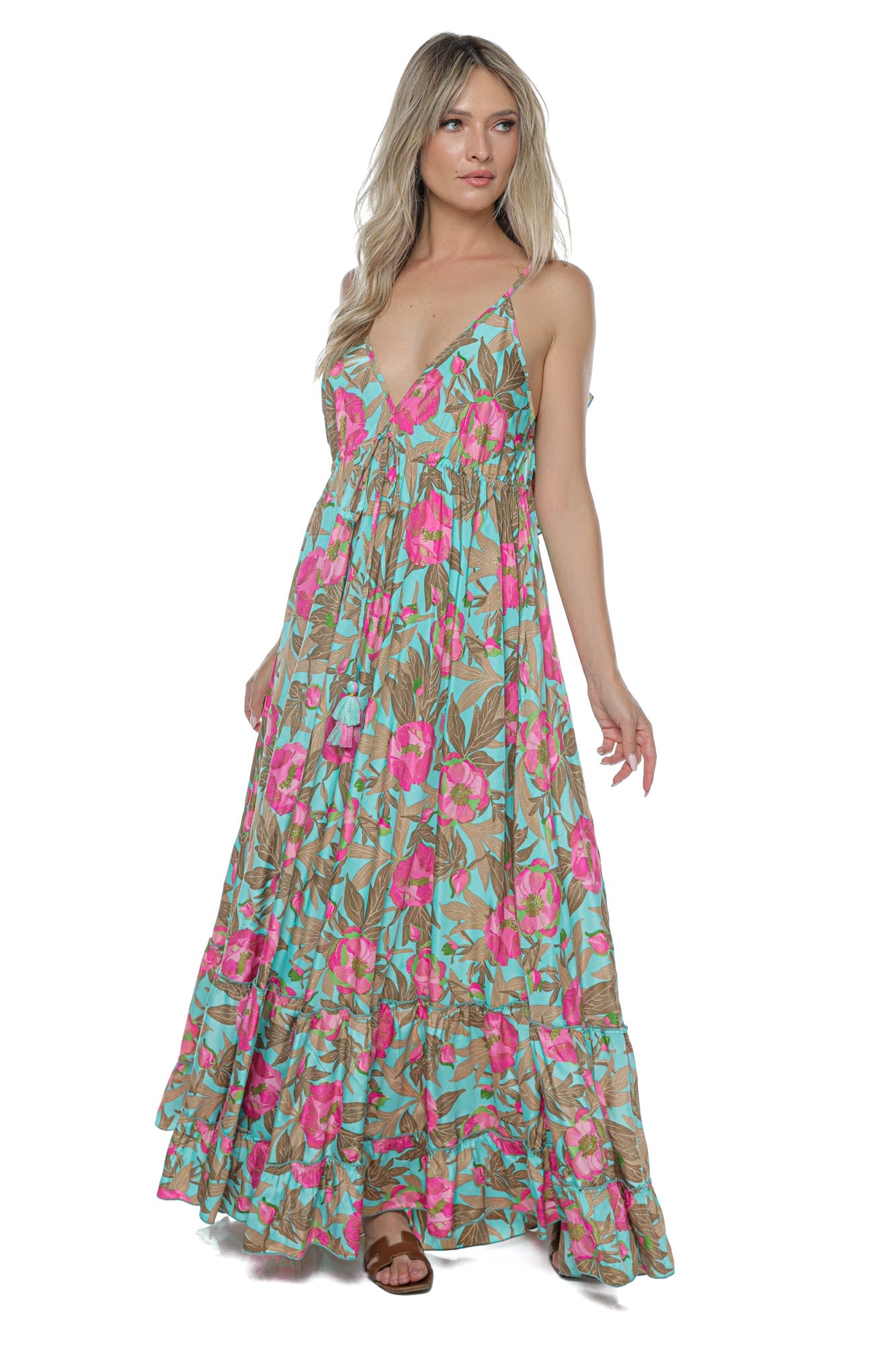 Rochie Maxi fluida Decolteu volane Imprimeu Tropical