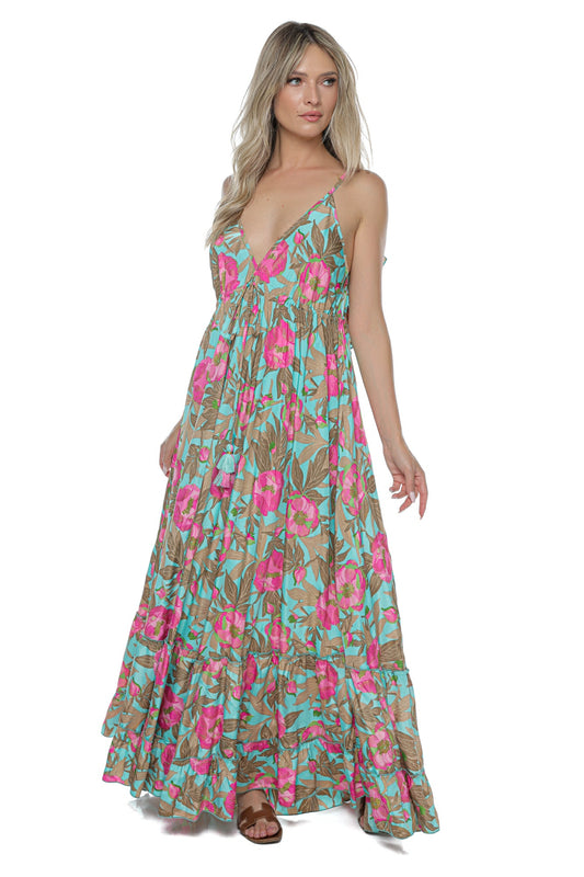 Rochie Maxi fluida Decolteu volane Imprimeu Tropical
