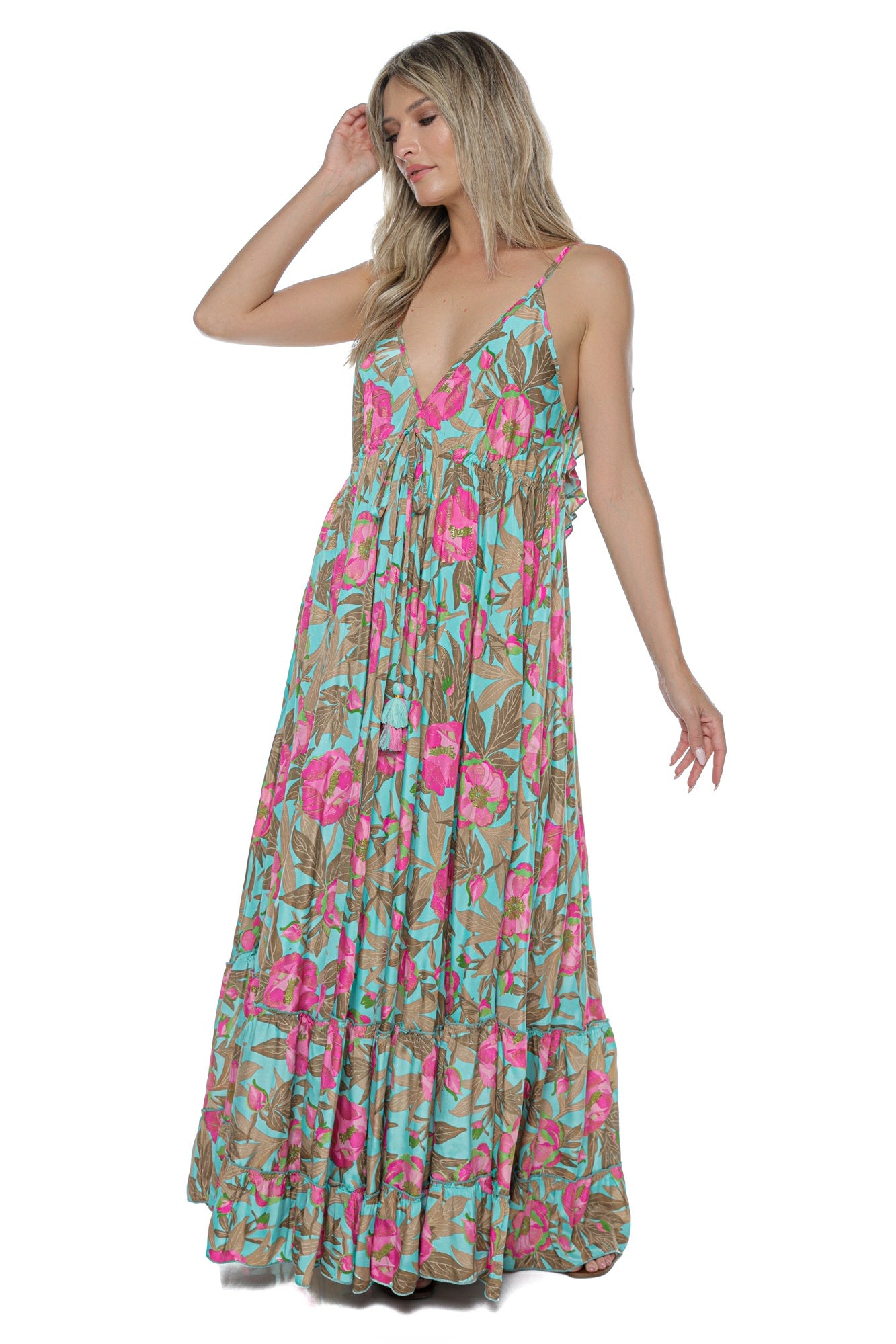 Rochie Maxi fluida Decolteu volane Imprimeu Tropical