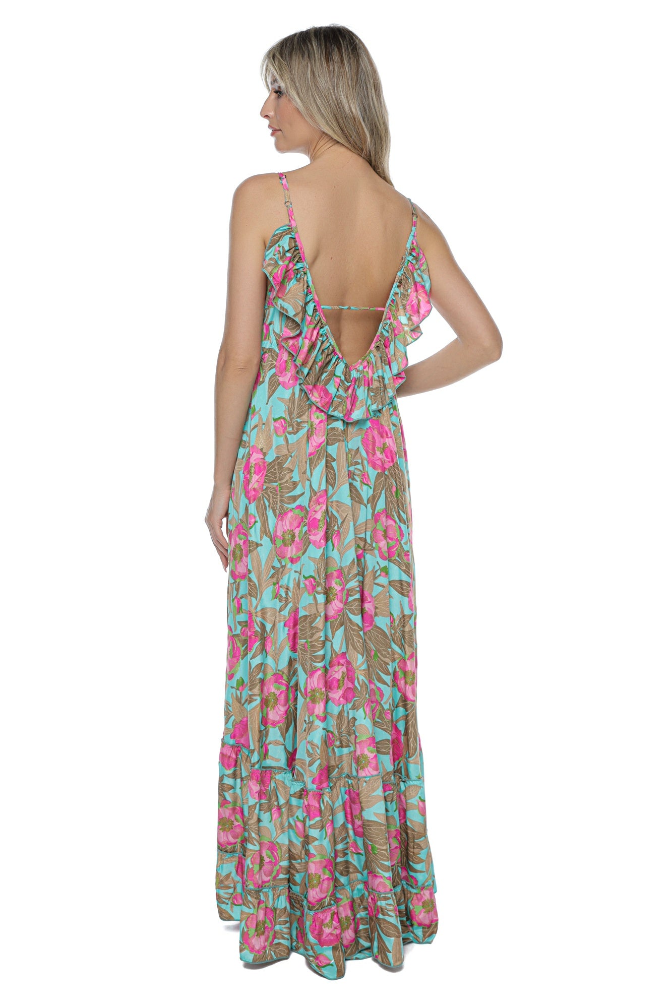 Rochie Maxi fluida Decolteu volane Imprimeu Tropical