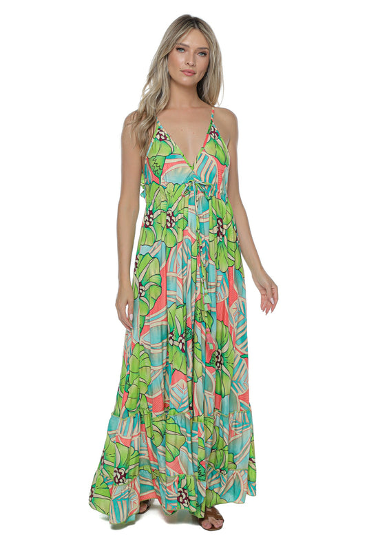 Rochie Maxi Vaporoasă cu Imprimeu Floral Tropical
