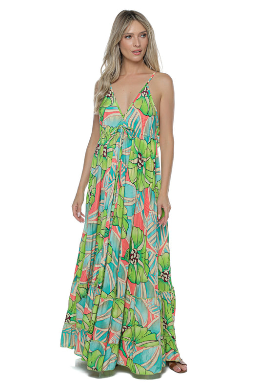 Rochie Maxi Vaporoasă cu Imprimeu Floral Tropical