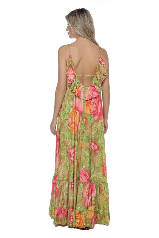 Rochie Boema Maxi Matase bretele v volan spate