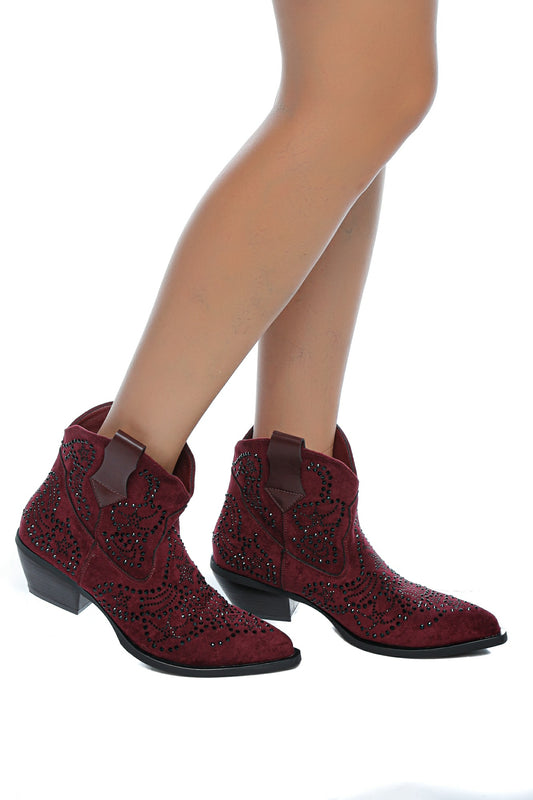 Botine damă tip cowboy din velur vișiniu cu aplicații strass
