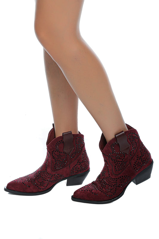Botine damă tip cowboy din velur vișiniu cu aplicații strass