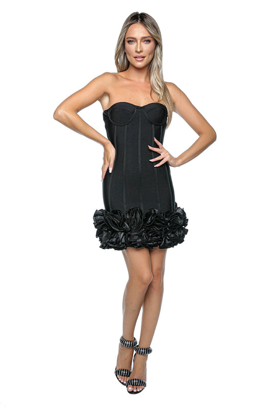 Rochie scurtă bandage tip corset cu volane satin
