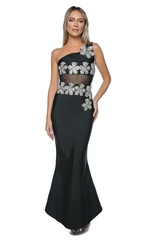 Rochie lungă de seară neagră tip sirena cu un umăr și aplicații florale strălucitoare