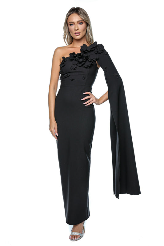 Rochie lunga neagra eleganta cu un umar si aplicatii florale 3D