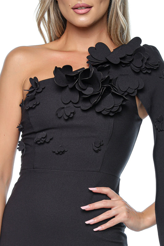 Rochie lunga neagra eleganta cu un umar si aplicatii florale 3D