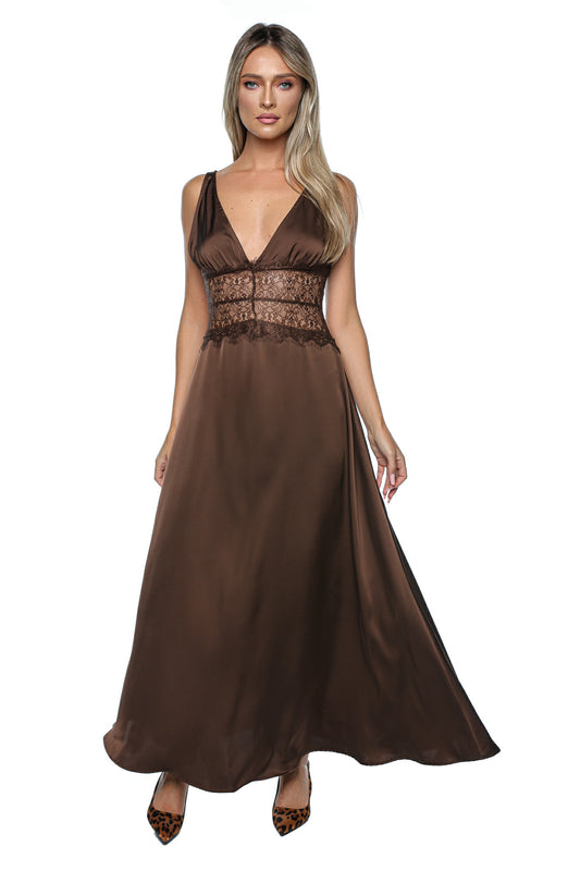 Rochie lunga tip furou din satin cu insertii din dantela
