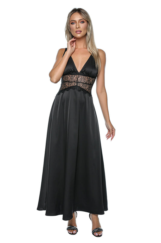 Rochie lunga tip furou din satin cu insertii din dantela