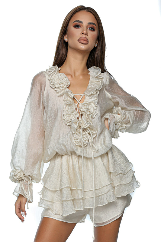 Compleu dama organza cu volane si maneci lungi